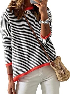 Striped Black & White Crewneck Sweater with Coral Trim